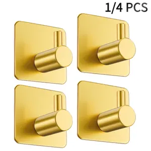 Adhesive Hooks for Wall, Wall Mounted Hook, Stainless Steel, 4 Pieces - Bathroom Towel Racks No Drill - Heavy Duty Self Adhesive Hangers, Clothes Towel Hanger for Bathrobe Clothes, Kitchen Towel, Gold