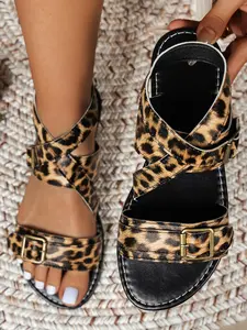 Women's Fashion Leopard Print Casual Flat Sandals, Crossed Ankle Strap Design, Comfortable Beach Shoes, Indoor Outdoor Use, Footwear