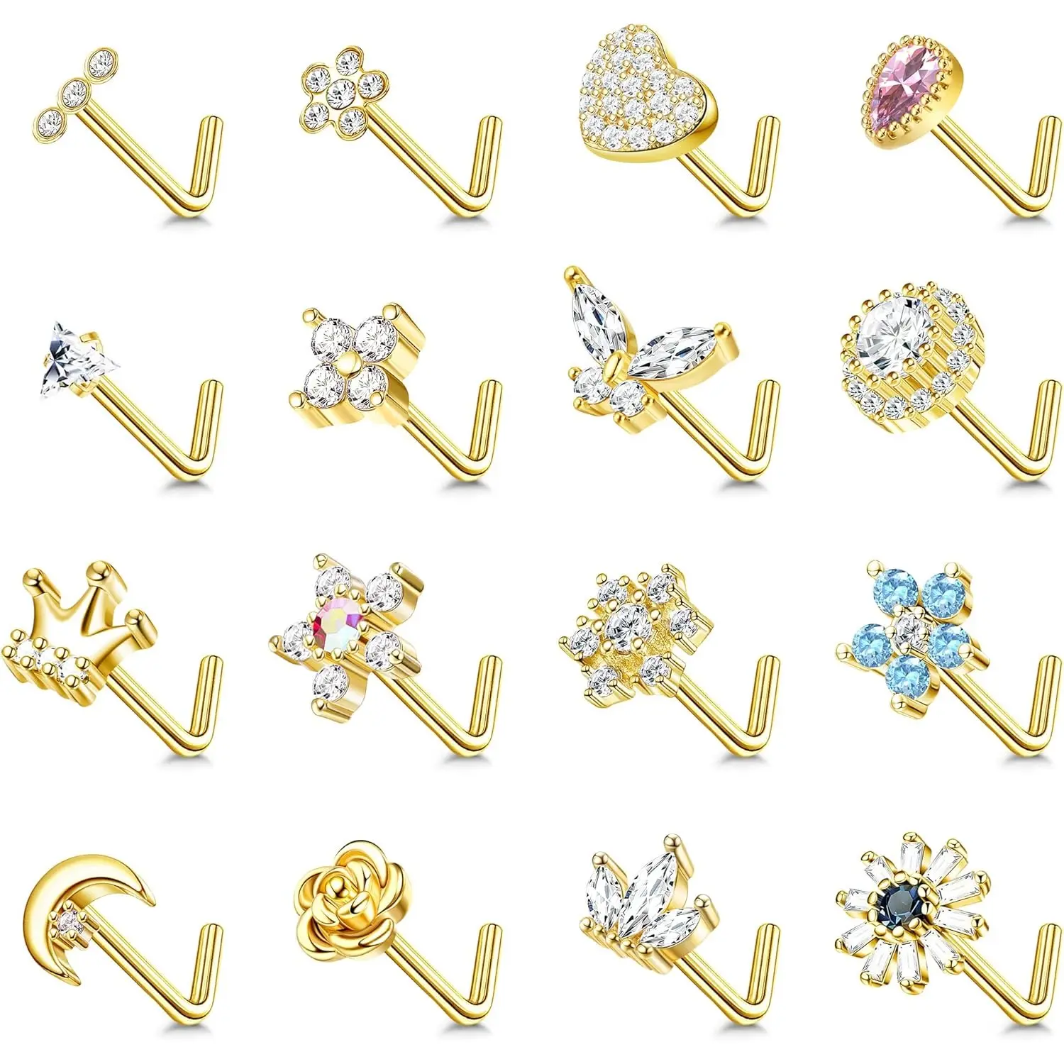 16Pcs 20g Nose Stud Rings L Shape Nose Studs Stainless Steel Cubic Zirconia Butterfly Flower Crown Shape Nose Studs Piercing Jewelry for Women Men Body Jewellery Kit Nose Piece