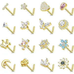 16Pcs 20g Nose Stud Rings L Shape Nose Studs Stainless Steel Cubic Zirconia Butterfly Flower Crown Shape Nose Studs Piercing Jewelry for Women Men