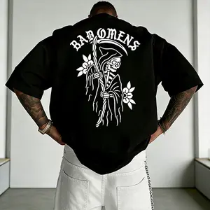 Men’s Gothic Reaper Graphic T-Shirt, Skeleton with Scythe and Flowers Print Tee, Casual Crew Neck, Perfect for Streetwear, Rock Fans, and Dark Aesthetic Outfits.