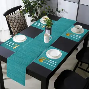 1 piece/5 piece set/7 piece set, pure sky blue linen table flag+placemat set, 100% linen rectangular table flag, suitable for kitchen, wedding, holiday parties, simple solid color modern art desktop decoration