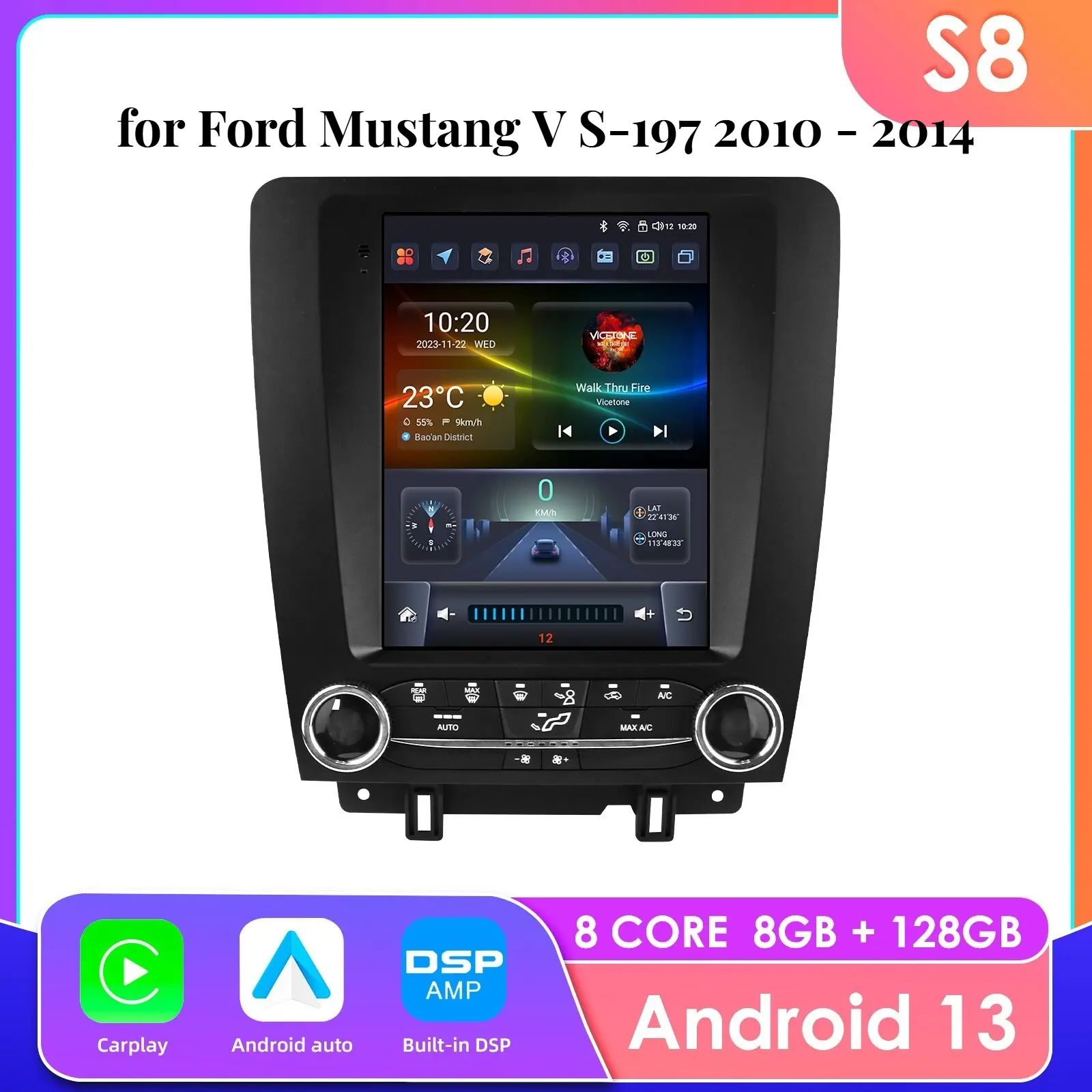 Hizpo 12V Android Touchscreen Car Radio Stereo Bluetooth Head Unit for Ford Mustang V S-197 (2010-2014), with Backlit LED Screen, GPS Navigation, Android Auto, CarPlay, Rear View Camera Input