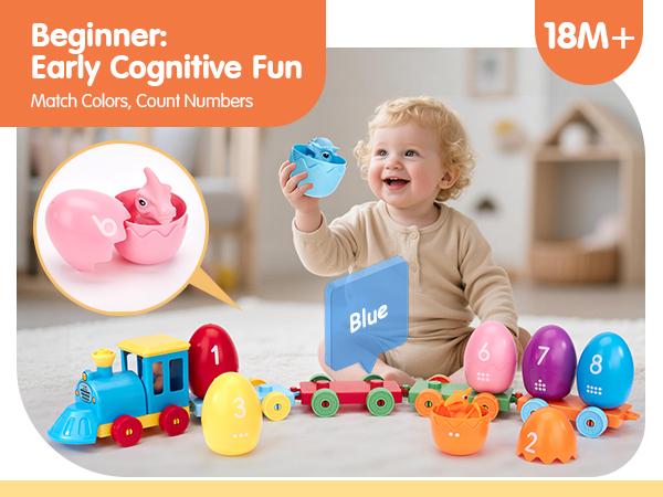 hahaland Easter Dinosaur Egg Number Matching Train - Dinosaur Easter Egg Stacking Train, Counting Sorting Fine Motor Skills Toy,Dinosaur stickers,Birthday Easter Gifts for Toddlers 18+ Months