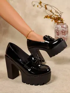 Women's Black Patent Leather Platform Loafer Pumps, Chunky Block Heel with Bow Decor & Lug Sole Design, Elegant Non-Slip Dress Shoes for Party and Daily Wear, chiori high heels