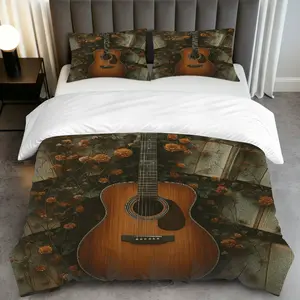 3PCS Duvet Cover Set, 1 Duvet+2 Pillowcases(Without filler), Guitar Floral Vintage Music Artistic theme, Thanksgiving bedding set, Bed Sets, Rustic Harmony Bedroom Decor Suitable for decoration Bed, Couch, Studio, Lounge.