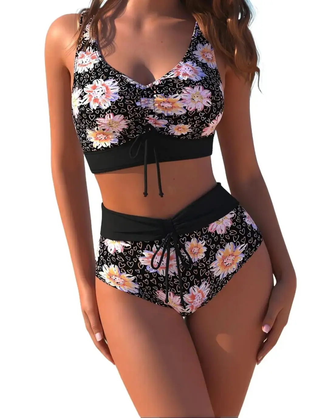 Women's V-Neck Bikini Set | 2-Piece Sunflower Heart Print Swimwear with Ruched Top & High Waist Tummy Control Bottoms, Elastane, Pool Outfit, Anti-Chlorine, Drawstring Waist, High-Cut Leg