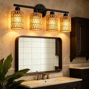 Stylish BathroomVanity Light with 4Heads Featuring A Faux Rattan Woven Texture Shade and Moisture-Resistant Design (Bulbs not Included) Natural Garden Style Warm Lighting with Shadow lamp Decorative Wall Lamp Ambient Decoration Lamp Nightlight For Bedroom