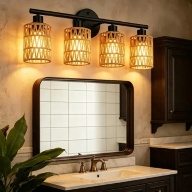 2026 TikTok Hot Selling 4Heads Bathroom Vanity Wall Light Modern Faux Rattan Woven Shade Moisture-Resistant Garden Style Fixture Ambient Decoration Lamp Elegant Lighting, Indoor Decorative Light Modern Mood Lighting Nightlight Bedroom (Bulbs Not Included)