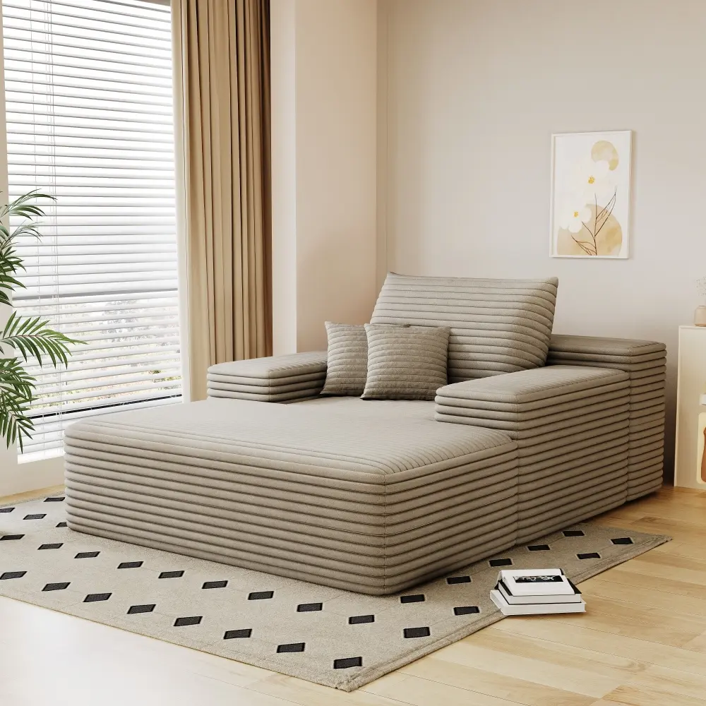 Oversized Indoor Multi-Functional Upholstered Chaise Lounge Chair - Fluffy Plush Faux Fur Cloud Sleeper Sofa Bed with Sponge, Ribbed Details, 10.6 in Wide Armrest, 600 lbs Capacity for Family Living Room, Camel