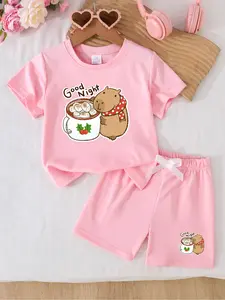 Capybara Girls' Summer 2-Piece Set - Short Sleeve Tee & Shorts Outfit | Soft & Comfortable Everyday Playwear for School, Parties & Outdoor Activities | Multi-Color Options, Ideal Holiday & Birthday Gift