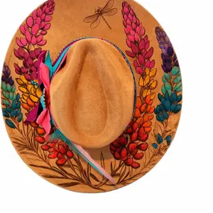 Lupine Wide Brim Fedora with Colorful Floral and Dragonfly Design