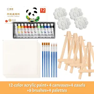 Anbeiyu Acrylic Paint Canvas Set, 32-Piece Professional Art Kit, Includes 4 Wooden Stands, 4 Blank Canvases, 4 Palettes, 12 Colors, 8 Brushes, Art Painting Supplies