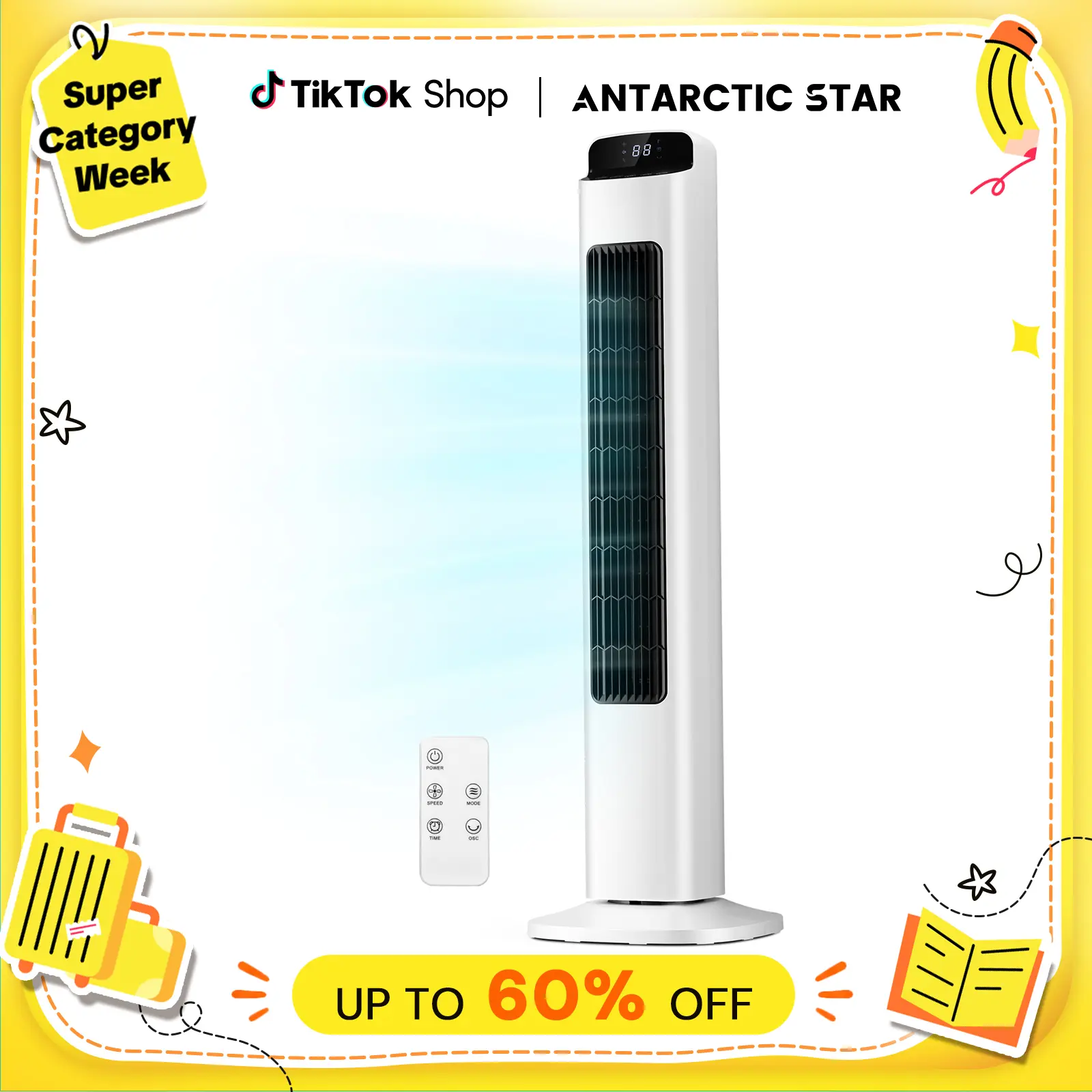 【Not Air Conditioner】Antarctic Star Portable Tower Fan - Adjustable Speeds Cooling Portable Fan with 80° Oscillating Bladeless Design, Remote Control, 5 Speeds, 3 Modes, Room Temperature Display, Low Noise for Bedroom, Living Room, Adjustable Speeds Fan t