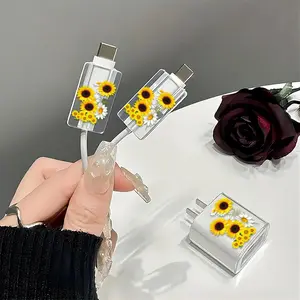 Sunflower Pattern Charger & Data Cable Protective Case, Transparent Charger & Data Cable Protector, Phone Accessories Compatible with iPhone 18W/20W Charger