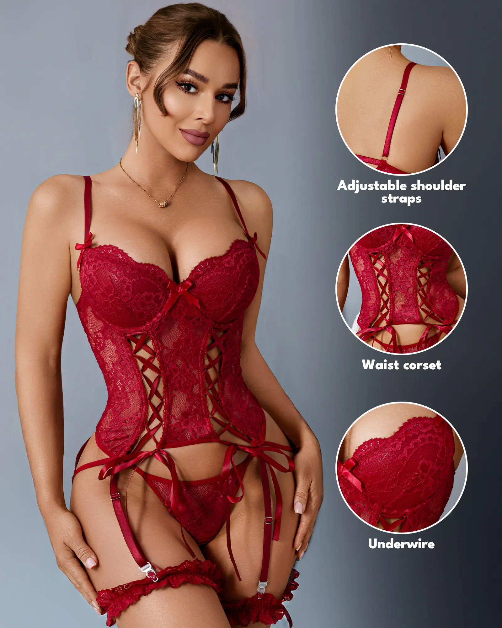 CHALOVELO Women's Lace Underwire Bustier Lingerie Set - Adjustable Sheer Mesh Fabric, Comfortable Teddy with Thong, Thigh Straps and Lace-Up Floral Design
