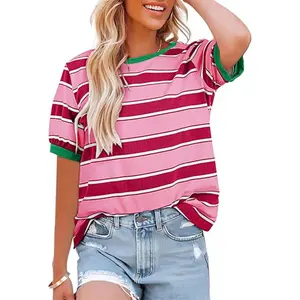 Women's Casual Striped Color Block T-Shirt - Round Neck Loose Fit Rainbow Patchwork Top Spring New Fashion Summer Pink