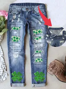 Women's Patch Ripped  Distressed Stretchy Waistband Boyfriend Unique Clover Print Mid-Waist Jeans Fitted Denim Pants Woman's Casual Daily Wear Comfy for All Season Patchwork Womenswear