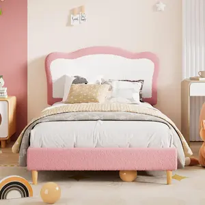 Full Upholstered Bed Frame with Two-Tone Scalloped headboard, Cute Velvet Princess Platform Bed for Boys/Girls, Solid Wood Slats Support, Pink, easy installation