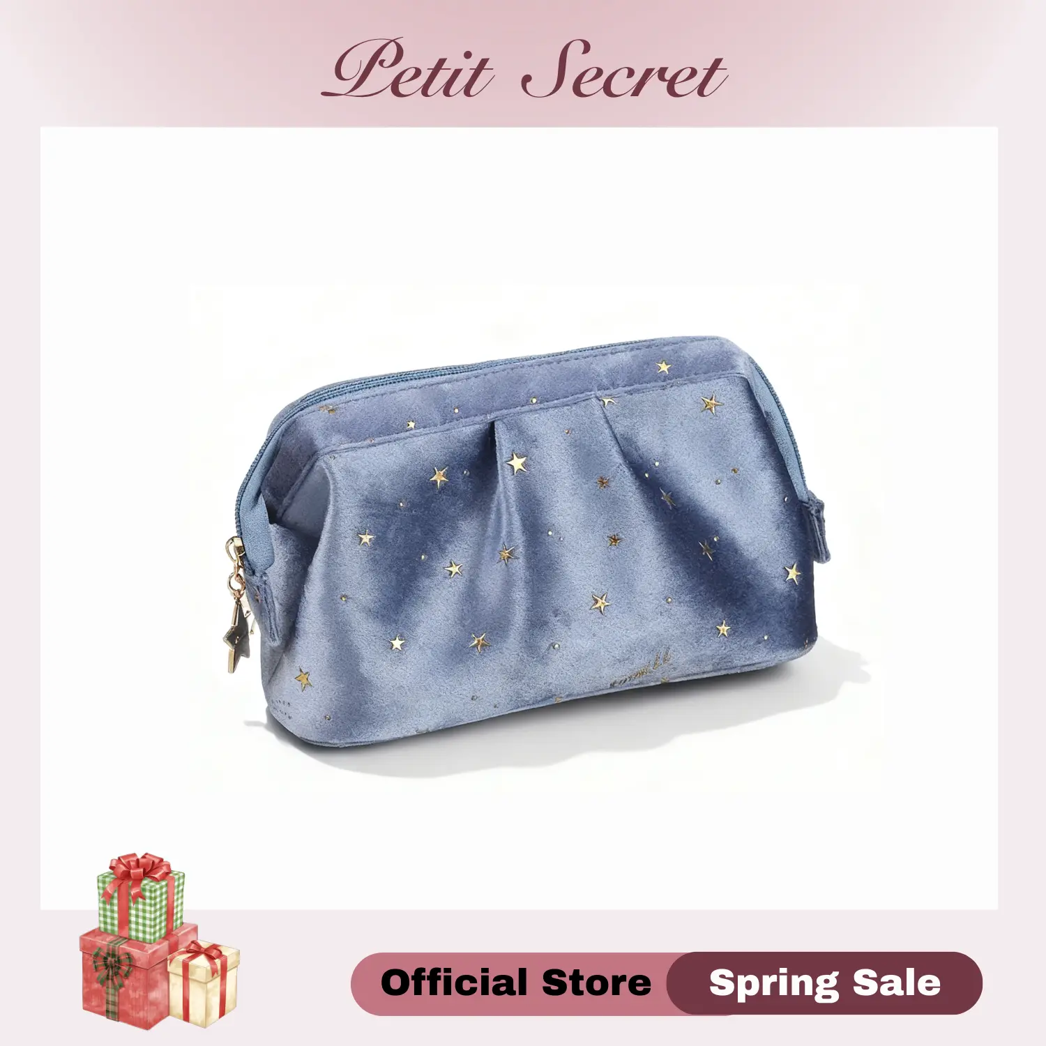 Gold Stamped Velvet Makeup Bag with Zipper - Elegant Travel Cosmetic Pouch for Women, Multi-Functional Organizer for Lipstick, Makeup Brushes, Perfume & Jewelry