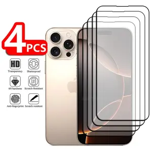 4PCS For iPhone 16 Pro Glass iPhone 17Air 17 16 Pro Max Tempered Glass Protective Full Cover Glue 9H Screen Protector iPhone 16 Pro