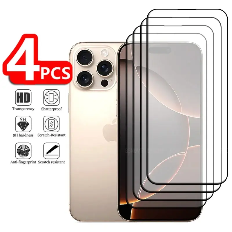 4PCS For iPhone 16 Pro Glass iPhone 17Air 17 16 Pro Max Tempered Glass Protective Full Cover Glue 9H Screen Protector iPhone 16 Pro