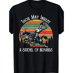 Menswear Loose Relaxed Fit Men's Distressed Cotton-Polyester Soft T-Shirt - Round Neck, Short Sleeve, 70s Sunburst Print, "THOU MAY INGEST" Horse Rider Design, Plus Sizes, Ideal for Western Enthusiasts, Unique Gift,summervibes