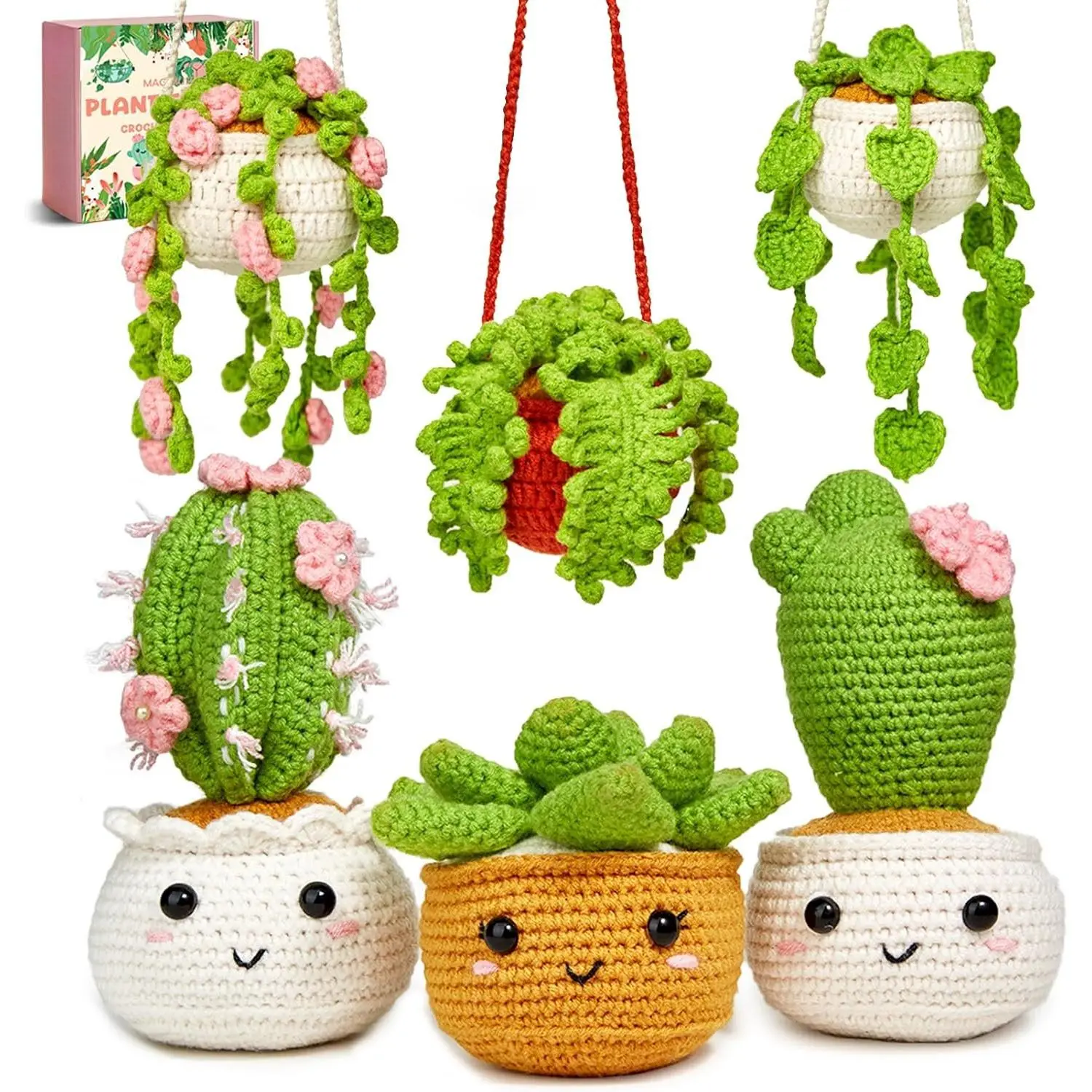 Crochet Kit for Beginners, Crochet Starter Kits, Amigurumi Craft Knitting Crocheting Kits with Step-by-Step Video Tutorials, 6 Pack  Potted  Family(40%+ Yarn