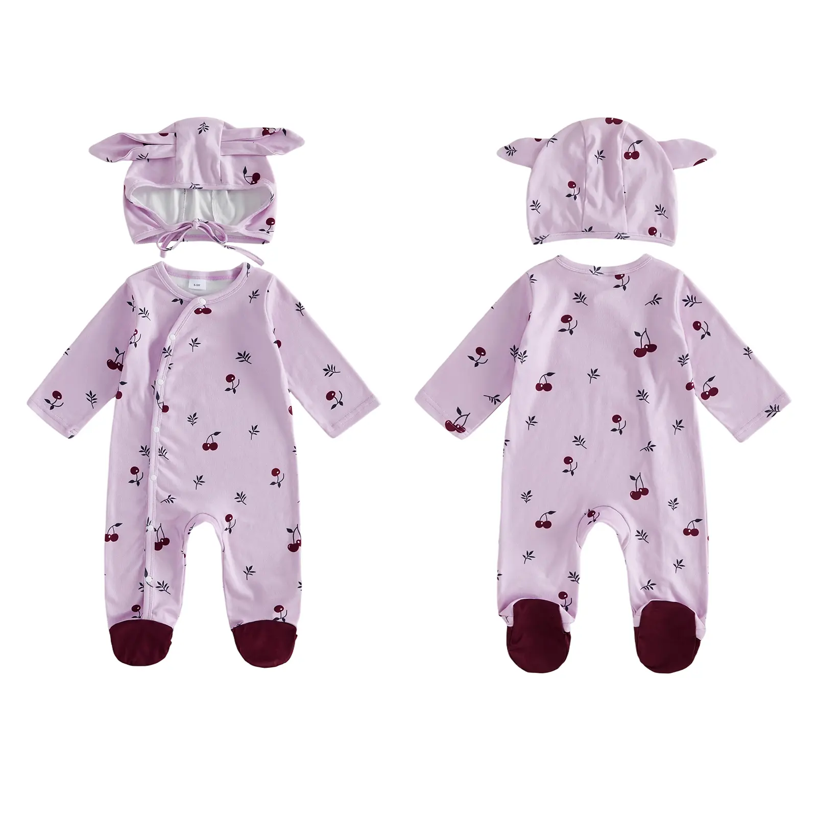 Newborn Baby Girls Outfit Long Sleeve Button Closure Cherry Print Footies Jumpsuit and Hat Fall Spring Clothes 0-9 Months