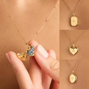 INS Simple Zircon Heart Open-Close Oval Photo Album Necklace 18K Gold Plated Copper Europe America Pendant 45+5cm  Collar Confoto