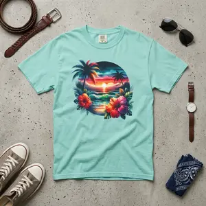 Tropical Sunset Hibiscus Beach Scene T-shirt | Palm Trees, Ocean Waves, Sunset Summer Shirt Comfort Colors 100% Cotton True to Size Unisex Direct to Garment Printed Tee