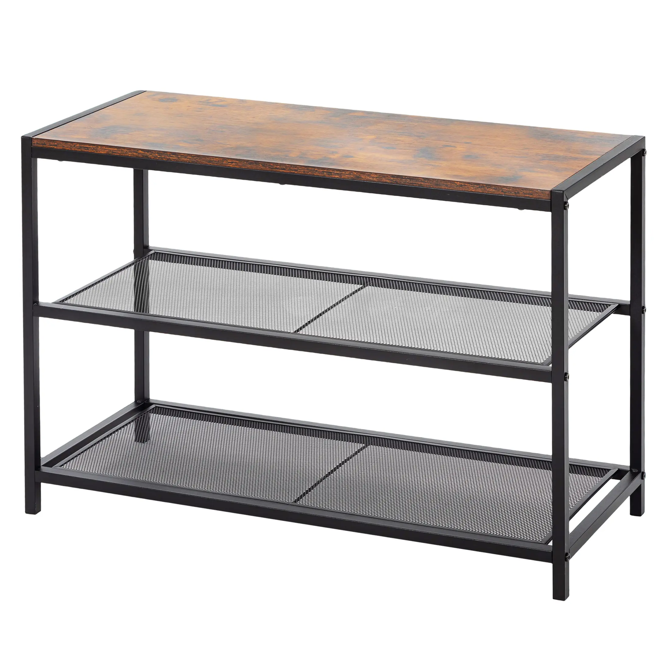 3-Tier Shoe Bench with Storage, Industrial Entryway Sturdy Shoe Rack Organizer Bench with Mesh Shelves for Entryway, Hallway & Living Room, Easy Assembly, Brown and Black
