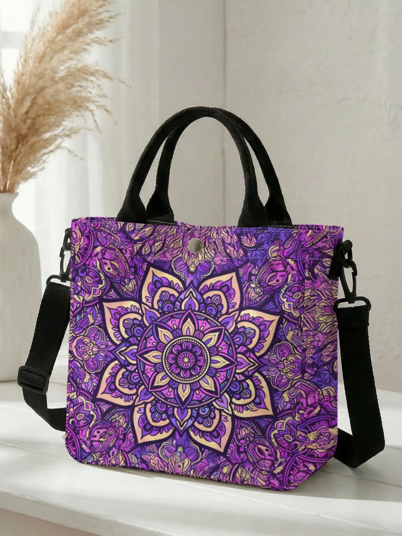 1 piece of purple mandrake pattern 2D printed fashion crossbody bag, adjustable shoulder strap + snap closure | students/workforce/street shopping | a street essential with both aesthetic appeal and practicality