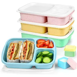 Bento Lunch Box Containers for Adults & Kids - 3-Compartment Reusable Meal Prep Containers with 2 Sauce Containers for School, Work, Travel, Wheat Straw, 4-Pack (Vintage Colors)