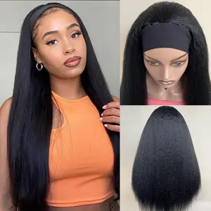 24 Inches Yaki Straight Headband Synthetic Wig Glueless Kinky Headband Wigs Natural Black Long Headband Kinky Straight Wigs For Black Women Daily Party