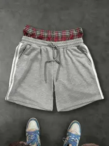 Unisex Y2K Apparel Double-Layer Shorts with British Plaid Waistband, Soft and comfortable side-striped athletic shorts, suitable for both men and women, street style enthusiasts, skateboarders, streetwear, back to school, hiking, everyday casual wear