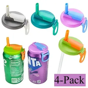 4-pack reusable soda can lid with straw, flip over leak proof lid, multi-color soda can straw lid with handle, reusable leak proof lid suitable for outdoor, travel, and sports, universal soda can lid with flip over straw