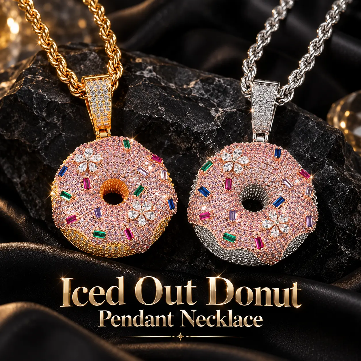 Colorful Donut Pendant Necklace for Men and Women, Iced Out CZ Brass Hip Hop Jewelry, 24 Inch Rope Chain Streetwear Bling Accessory