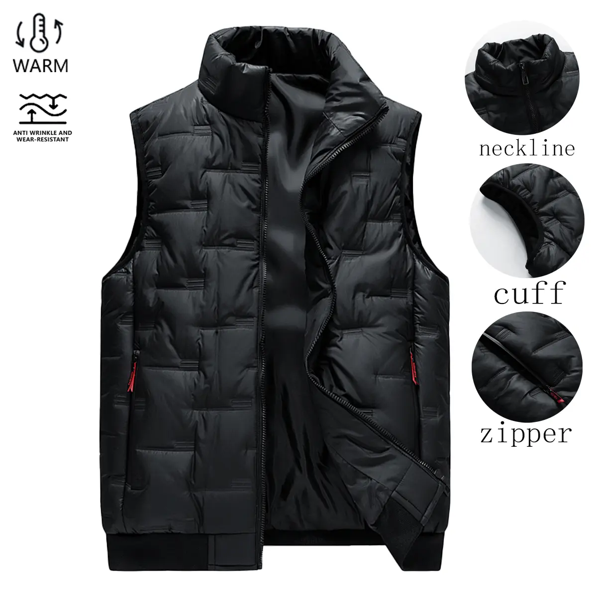Men's Sleeveless Vest, Warm Mock Neck Athletic Activewear, Adjustable Woven Polyester Outerwear for Winter Layering, Menswear, Sports Clothes, Plain, Sleeveless Waistcoat, Techwear, Woven Weave