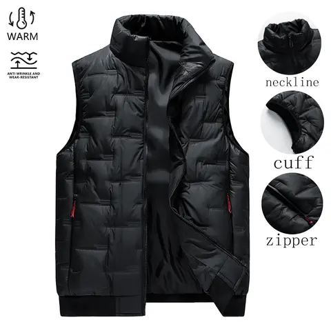 Men’s Polyester Textured Woven Pull-On Mock Neck Sleeveless Gilet - Warm, Adjustable Menswear Outerwear for Winter Sports Layering, Casual Outdoor Street Style Vest