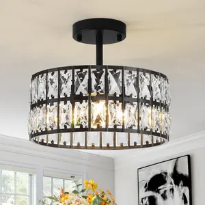 Modern Black Crystal Ceiling Light, Round Dimmable Semi-Flush Mount 12-Inch G9 Ceiling Light for Dining Room/Corridor/Bedroom