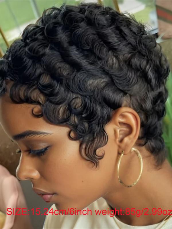 Chic Elegant Pixie Cut Wigs for Women Black 99J 4# Color for Daily Use Short Layered Pixie Cut Human Hair Wigs With Bangs Brazilian Remy Curly Wave Human Hair Full Machine Made Wig 150% Density 6Inch Human Hair Wavy