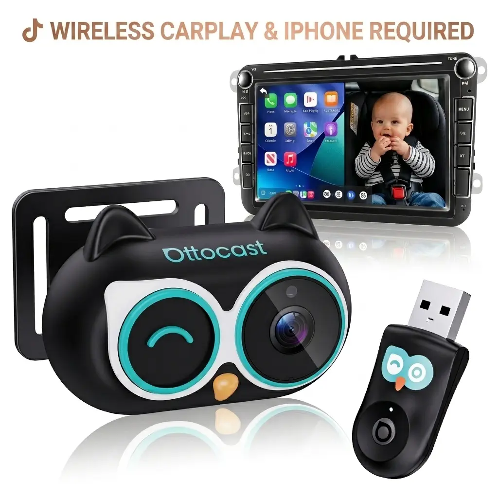 【WIRED CARPLAY AND IPHONE REQUIRED】OTTOCAST Baby Car Camera &Wireless CarPlay Adapter,1080P HD Rear Seat Monitor Display on Car Screen,150°Wide Angle No-Glow Night View, Safety for Kids & Infants
