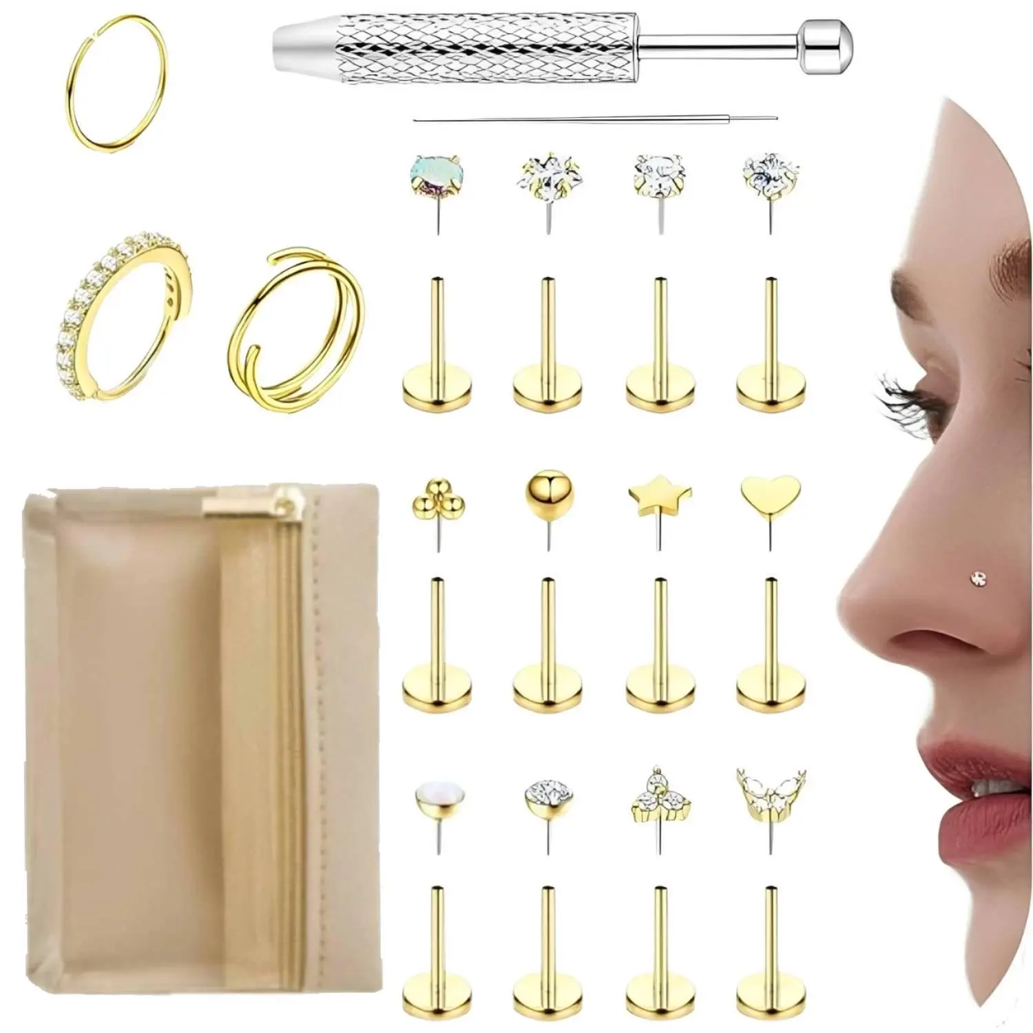 14K Gold Nose Rings Studs for Women Men Surgical Steel Threadless Push in Nose Piercings Flat Back Hypoallergenic Gold Nose Ring Hoop Stud Cartilage Tragus Conch Lip Helix Piercing Jewelry Gold/Silver 18G 20G