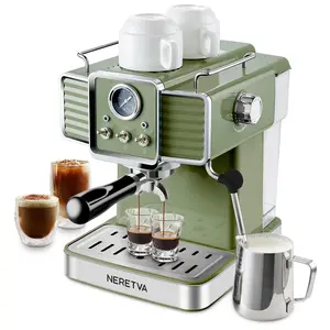 Espresso Coffee Machine 15 Bar Professional Pressure Extracts 1.6L Removable Water Tank with Milk Frother Steam Wand, Vintage Retro European Style