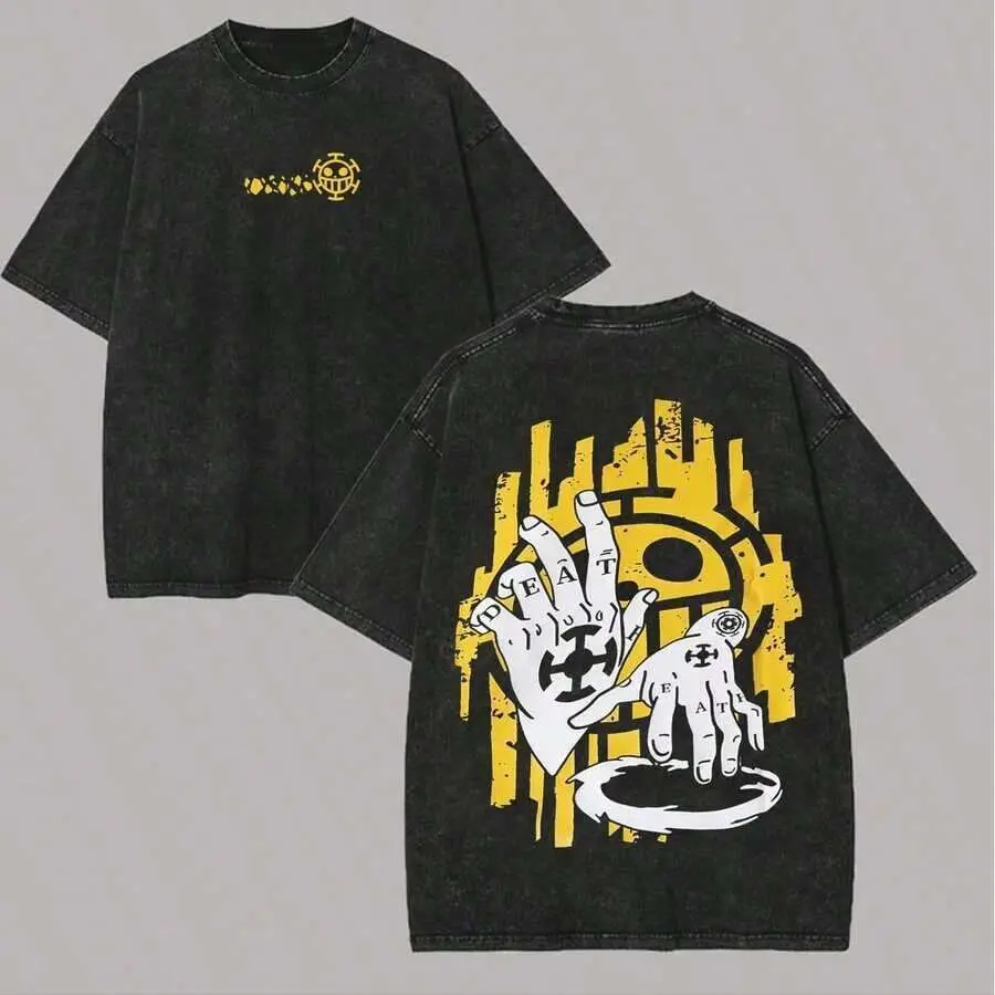 One Piece Trafalgar Law Heart Pirates Vintage Washed Oversized T-Shirt, Front & Back Print Death Hands Anime Streetwear Tee, Unisex Grunge OP Manga Fan Casual Aesthetic Top Gift