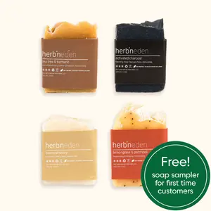 Herbneden Soap Sampler Pack - Tea Tree & Turmeric, Activated Charcoal, Oatmeal Honey, Lemongrass & Patchouli - 4 Handmade 1oz Bars
