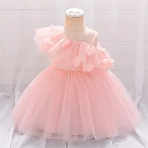 6M-3Y Peach Pink 191 Anniversary Baby Girls Clothes Infant Sloping Shoulders Floral Mesh  Ball Gown Birthday Cocktail Dress Toddler Pageant Newborn Ball Gown Princess Baptism Frock