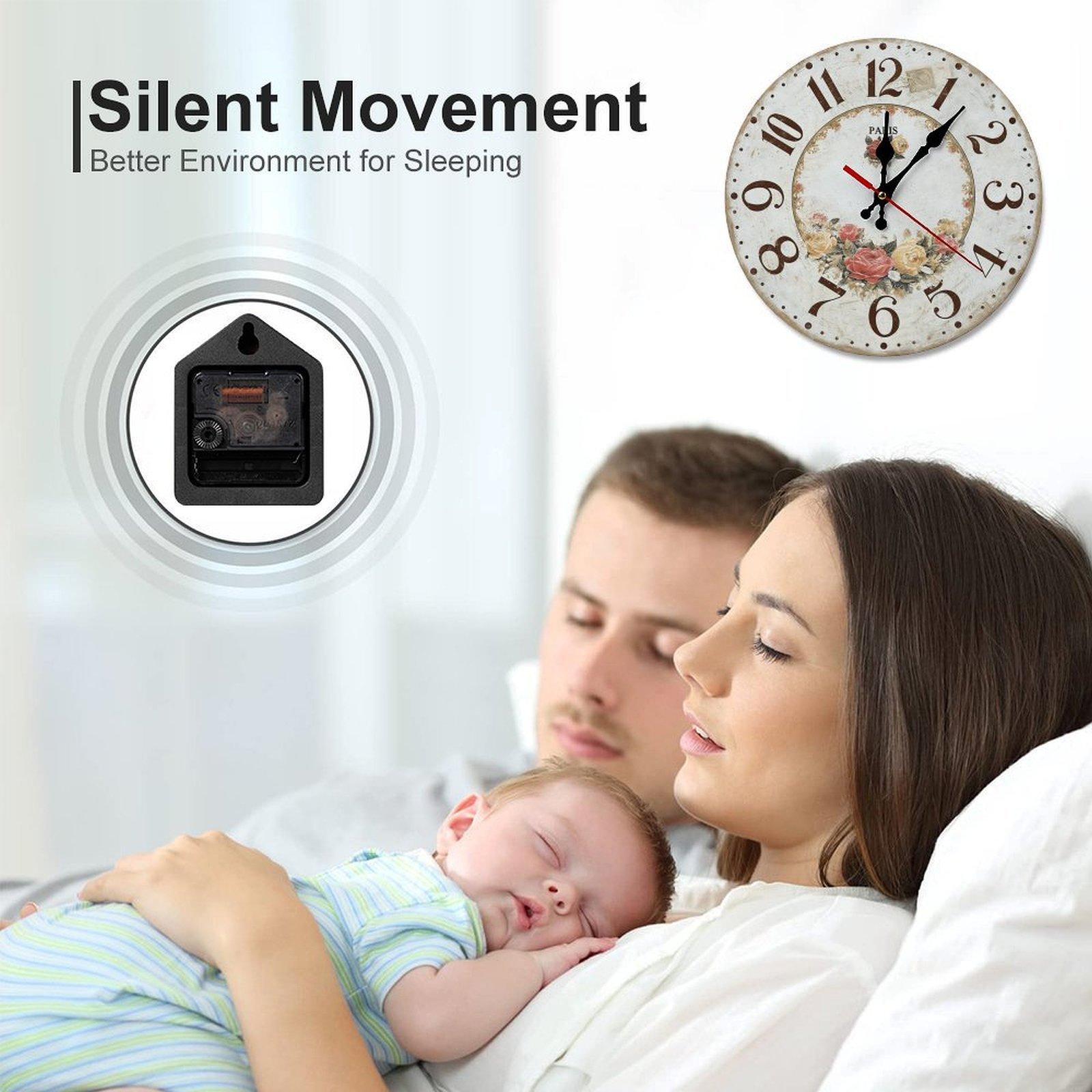 12 Inch Vintage Paris Rose Wooden Wall Clock | Silent Sweep Movementn Shabby Chic French Decor, No Battery Included, Perfect for Living Room, Bedroom, Bathroom