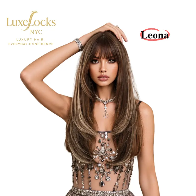 Leona-22 Inch Brown Highlight Wig with Air Bangs  Long Layered Straight Wig for Women  Natural Looking Glueless Daily Wig  Beginner Friendly